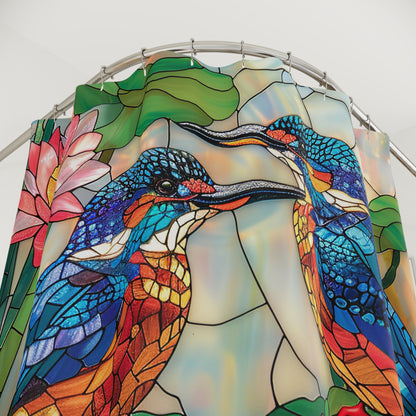 Faux Stained Glass Kingfishers and Water Lilies, Polyester Shower Curtain