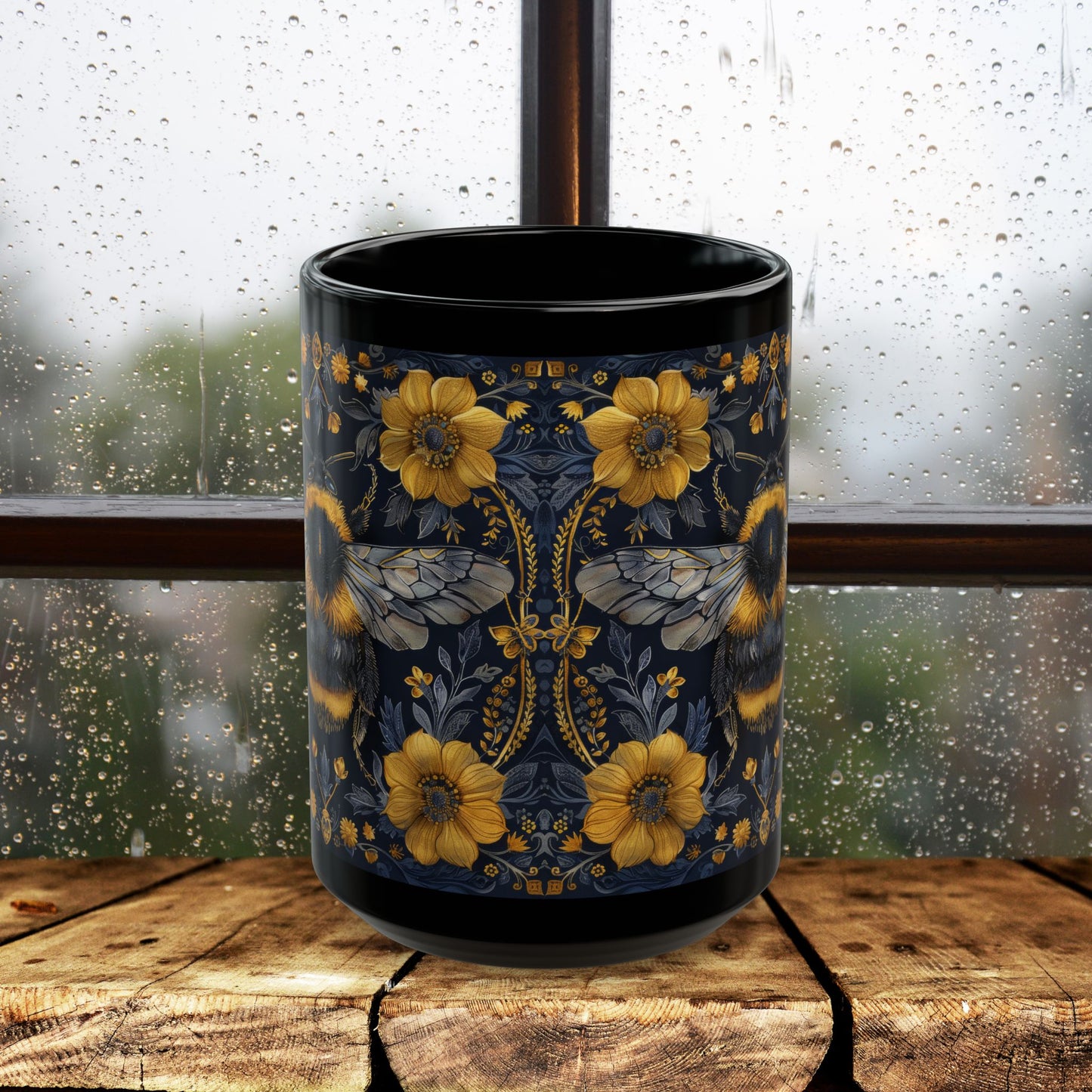 Bumblebee Gold Botanicals William Morris Inspired Black Coffee Mug For Her Him Ceramic Mug Black Mug 11oz, 15oz