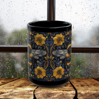 Bumblebee Gold Botanicals William Morris Inspired Black Coffee Mug For Her Him Ceramic Mug Black Mug 11oz, 15oz