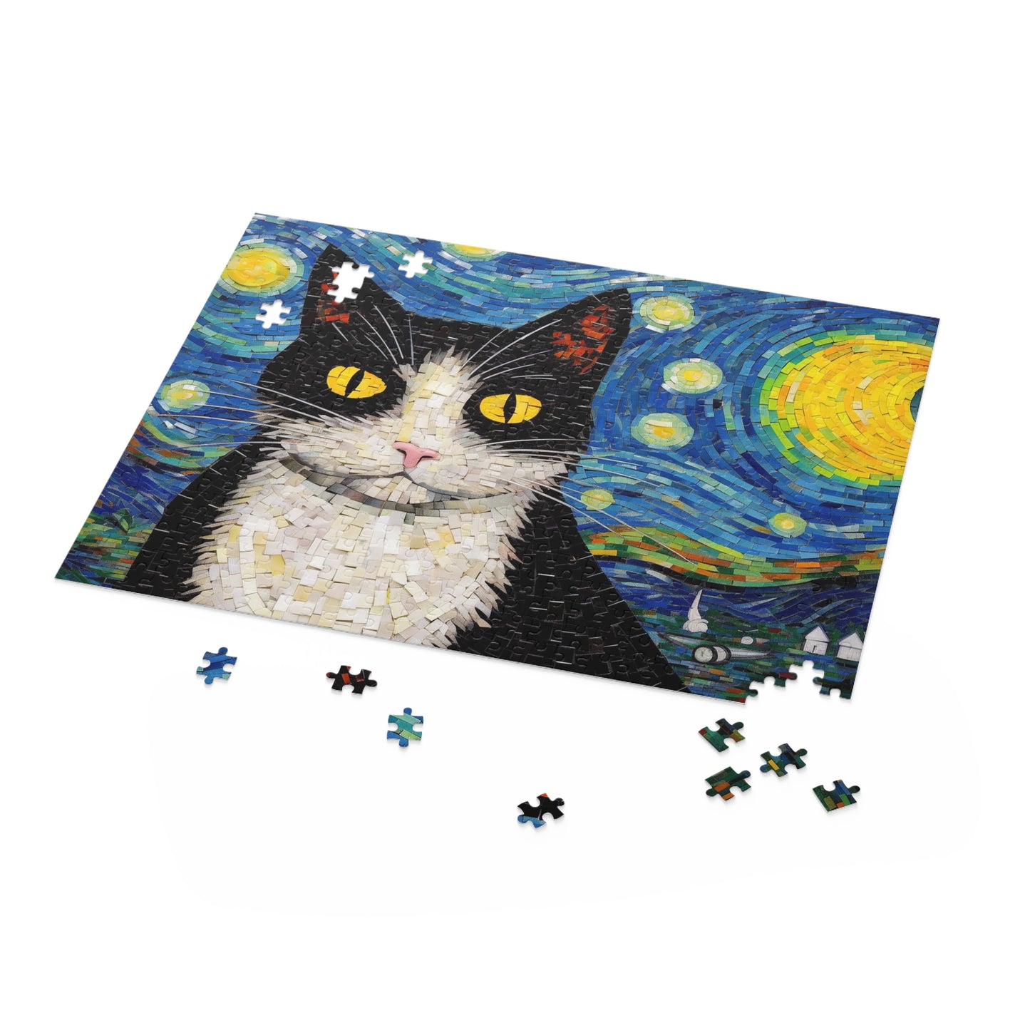 Tuxedo Cat The Starry Night Puzzle Van Gogh  (120, 252, 500-Piece) Gift-Ready Box, Adult Jigsaw Puzzle