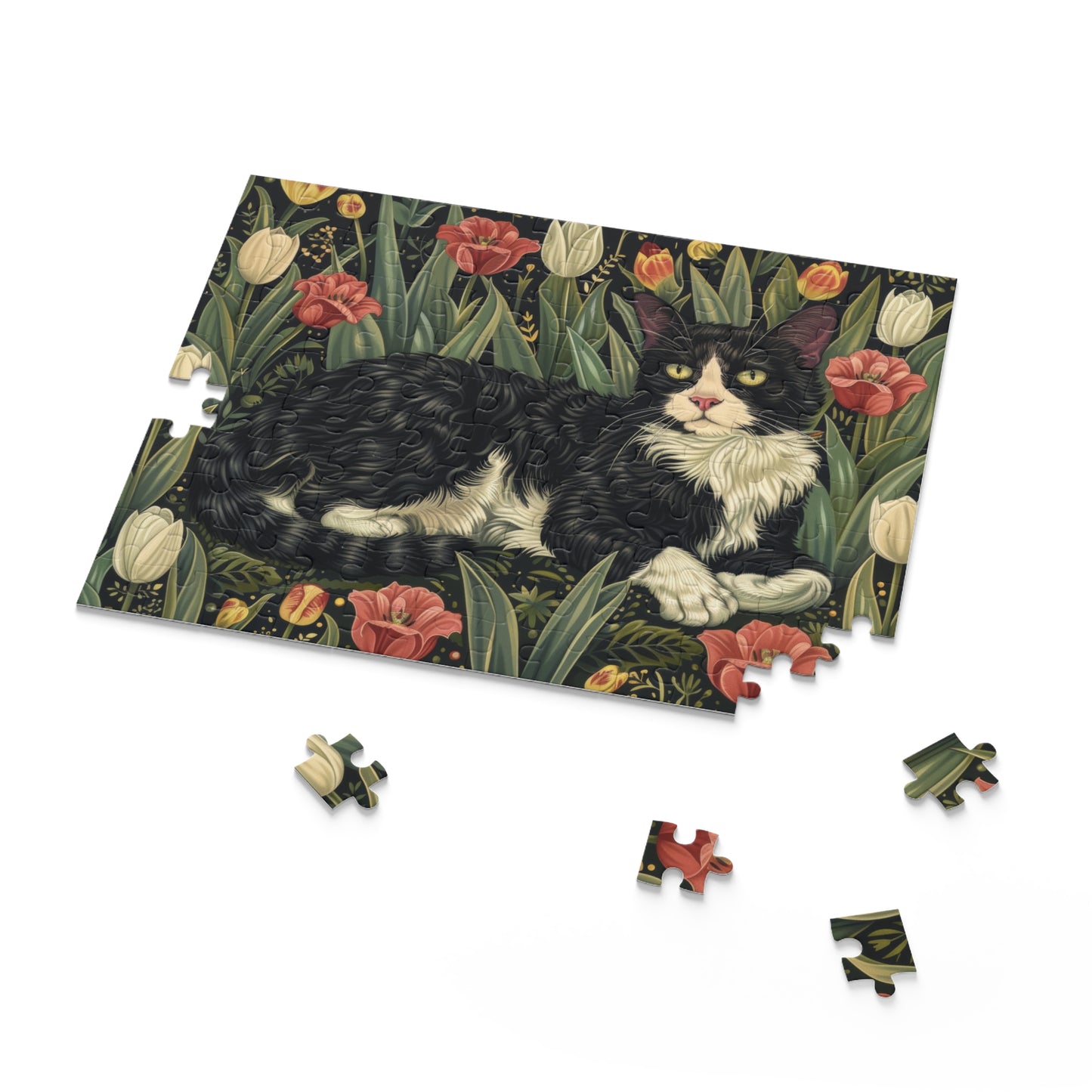 Tuxedo Cat Tulips Field in William Morris Style (120, 252, 500-Piece) Adult Jigsaw Puzzle, Gift Him Her