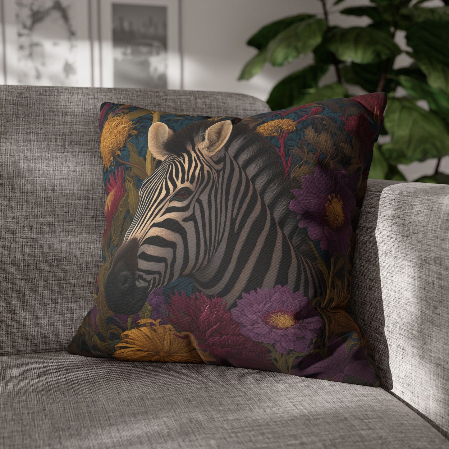 Vibrant Zebra Floral Pillowcase, William Morris Style Botanical Safari Animal Cushion
