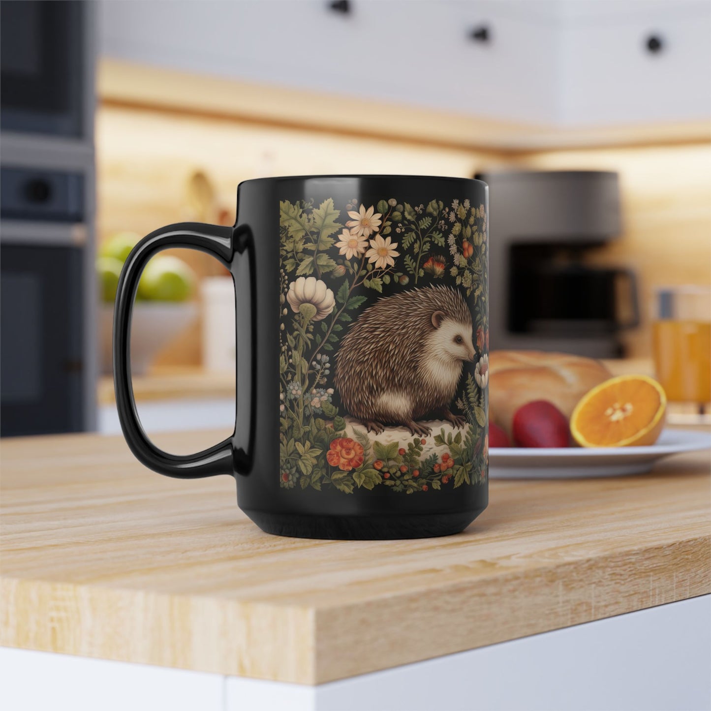 William Morris Inspired Botanical Hedgehog Black Coffee Mug For Her Him Ceramic Mug Black Mug 11oz, 15oz