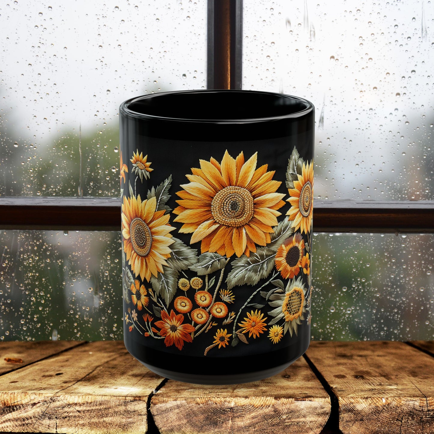 Sunflowers Pattern Embroidery Mug Black Mug (11oz, 15 oz)