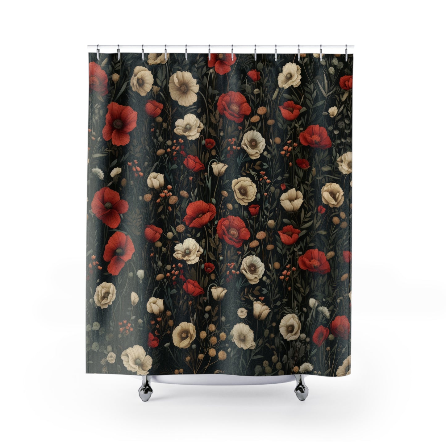 William Morris Inspired Botanical Floral and Red Poppies Polyester Shower Curtain