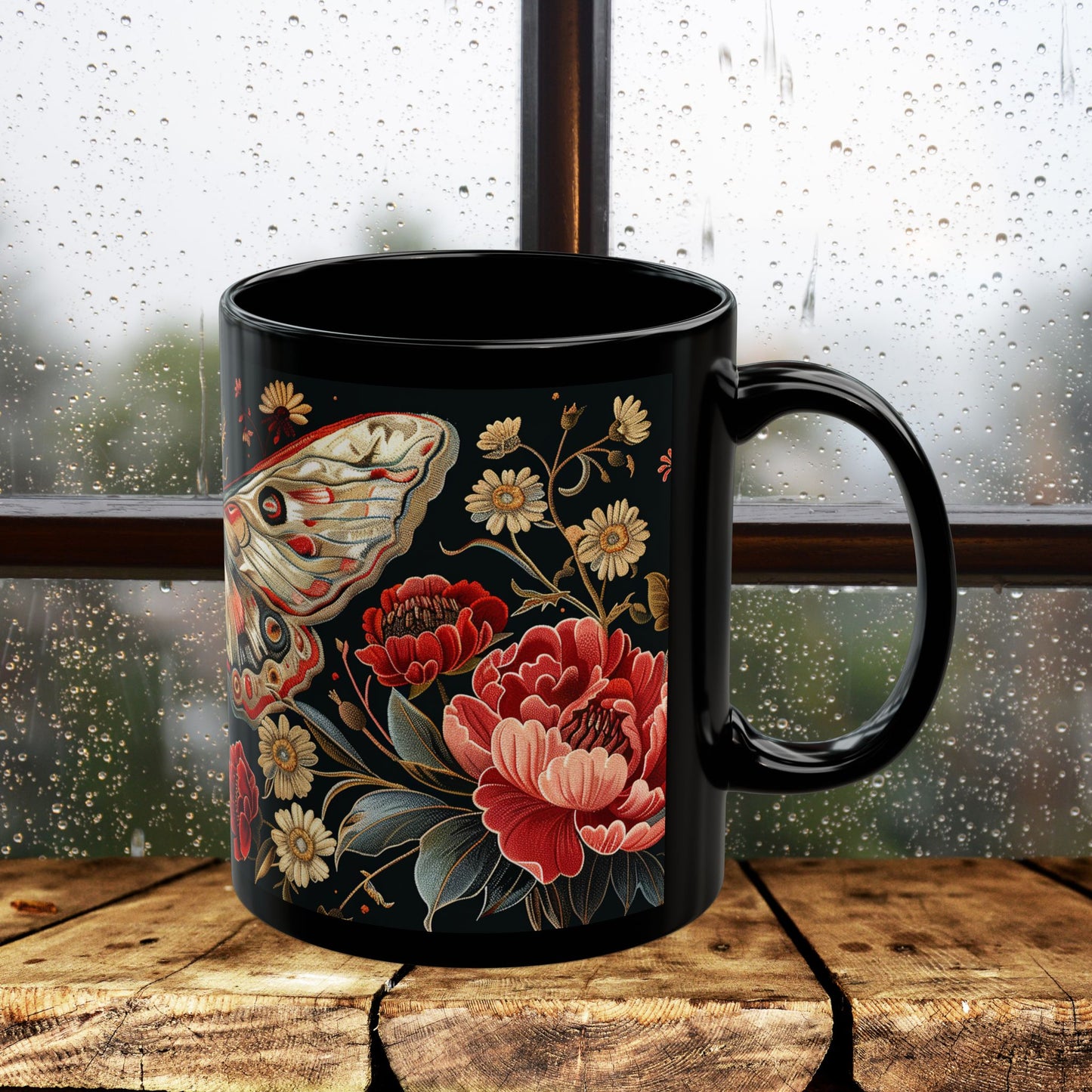 William Morris Inspired Moth Peony Embroidery Black Mug (11oz, 15oz)
