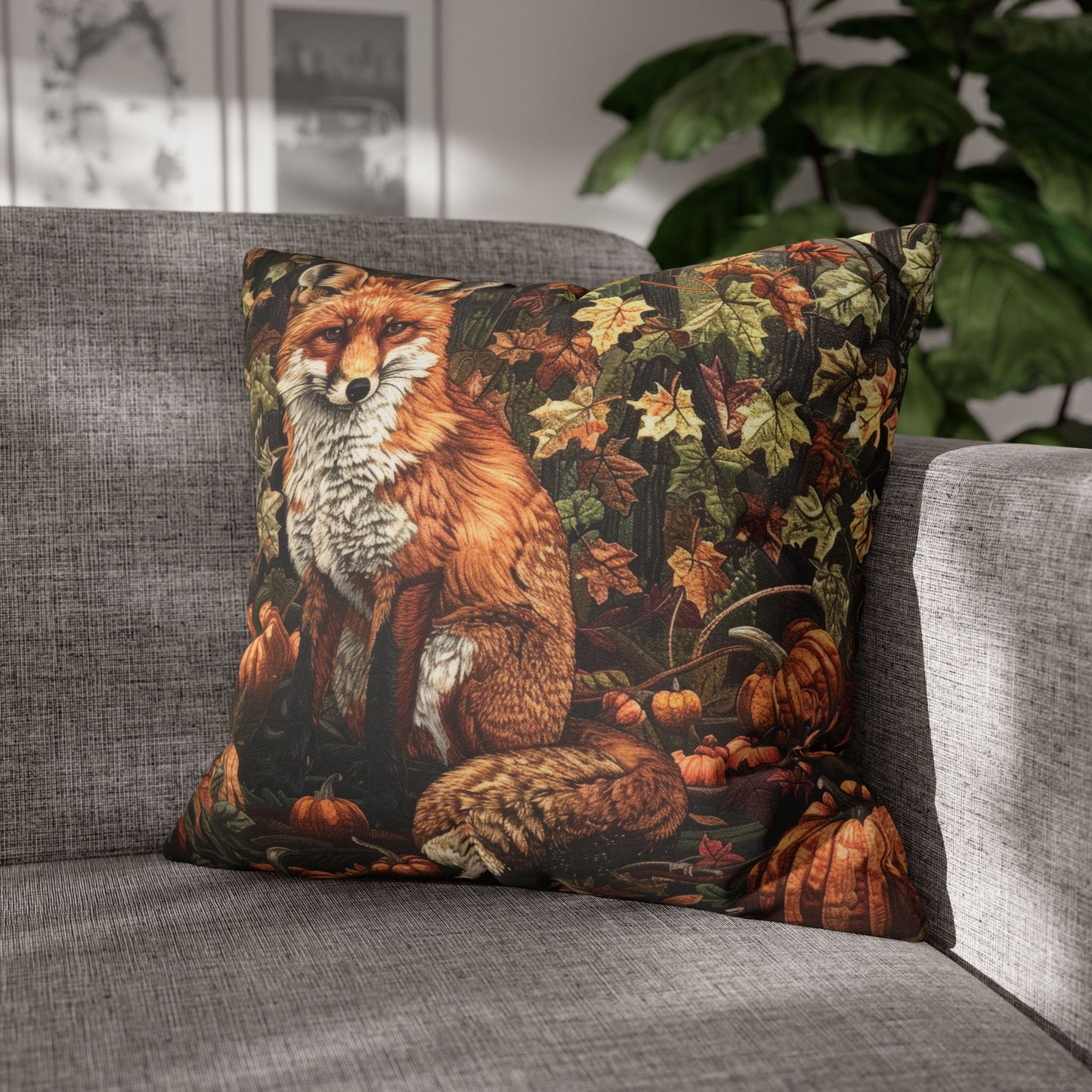 Fox in a Pumpkin Patch William Morris Inspired, Decorative Fall Pillow Decor, Spun Polyester Square Pillowcase
