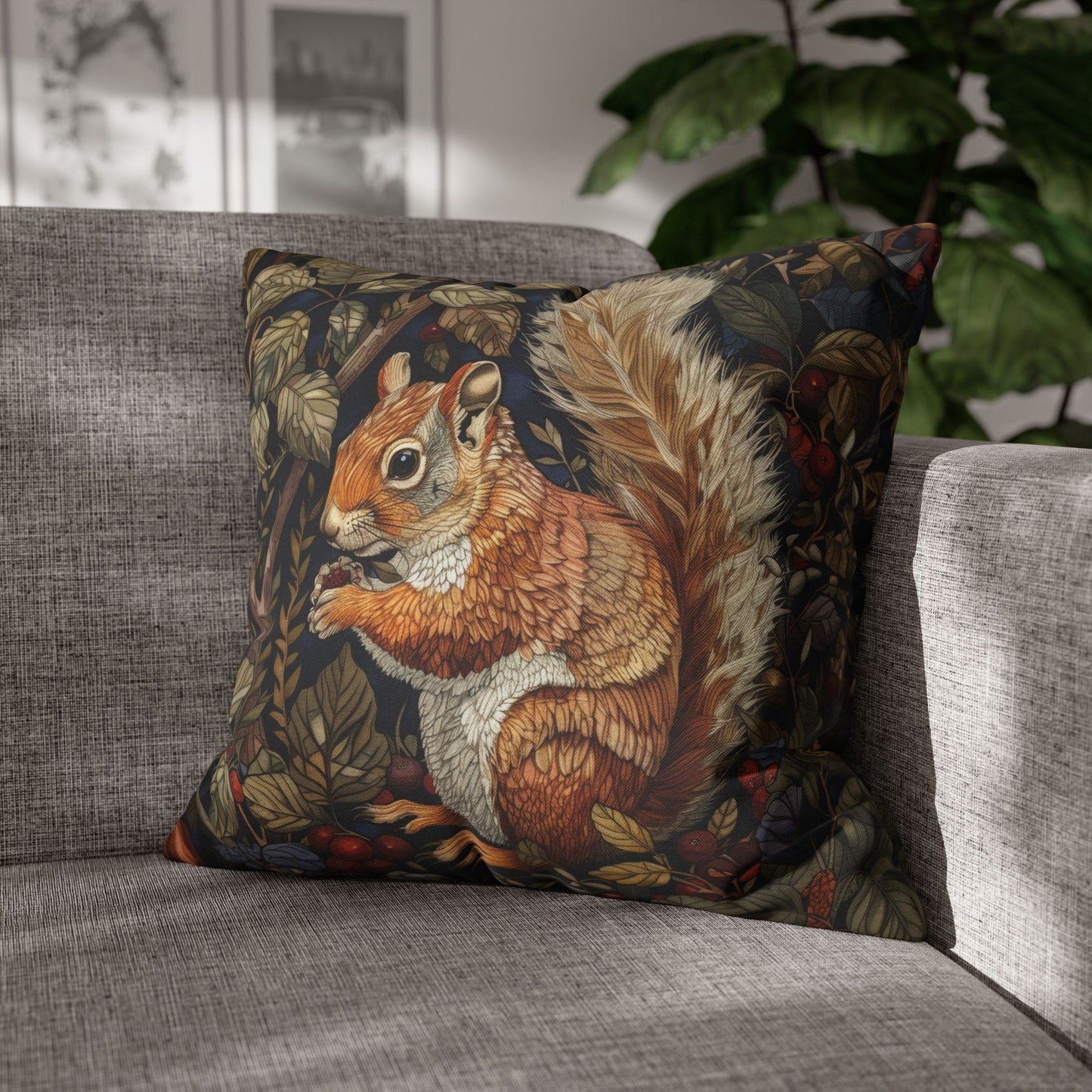 Squirrel Berry William Morris Inspired, Squirrel Ancient Decorative Pillowcase