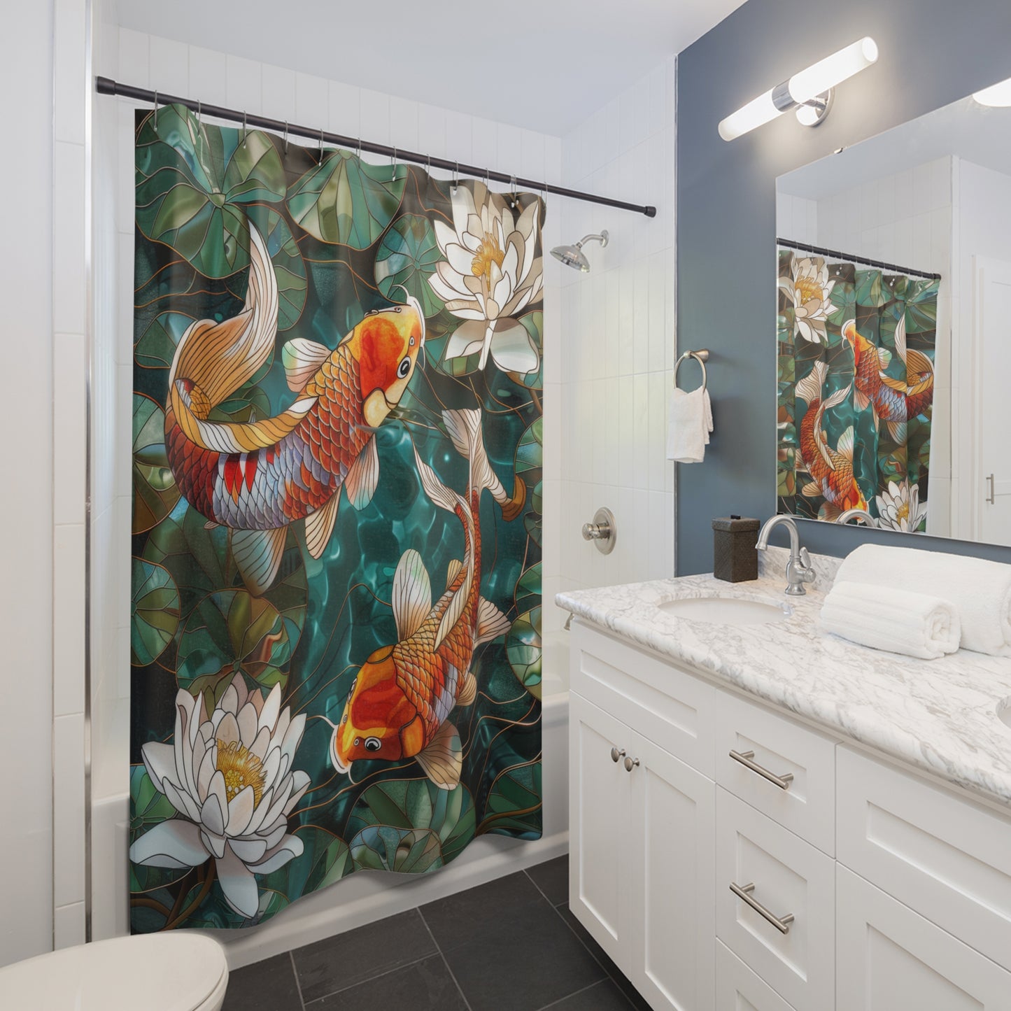 Faux Stained Glass Koi Fishes Water Lily Polyester Shower Curtain