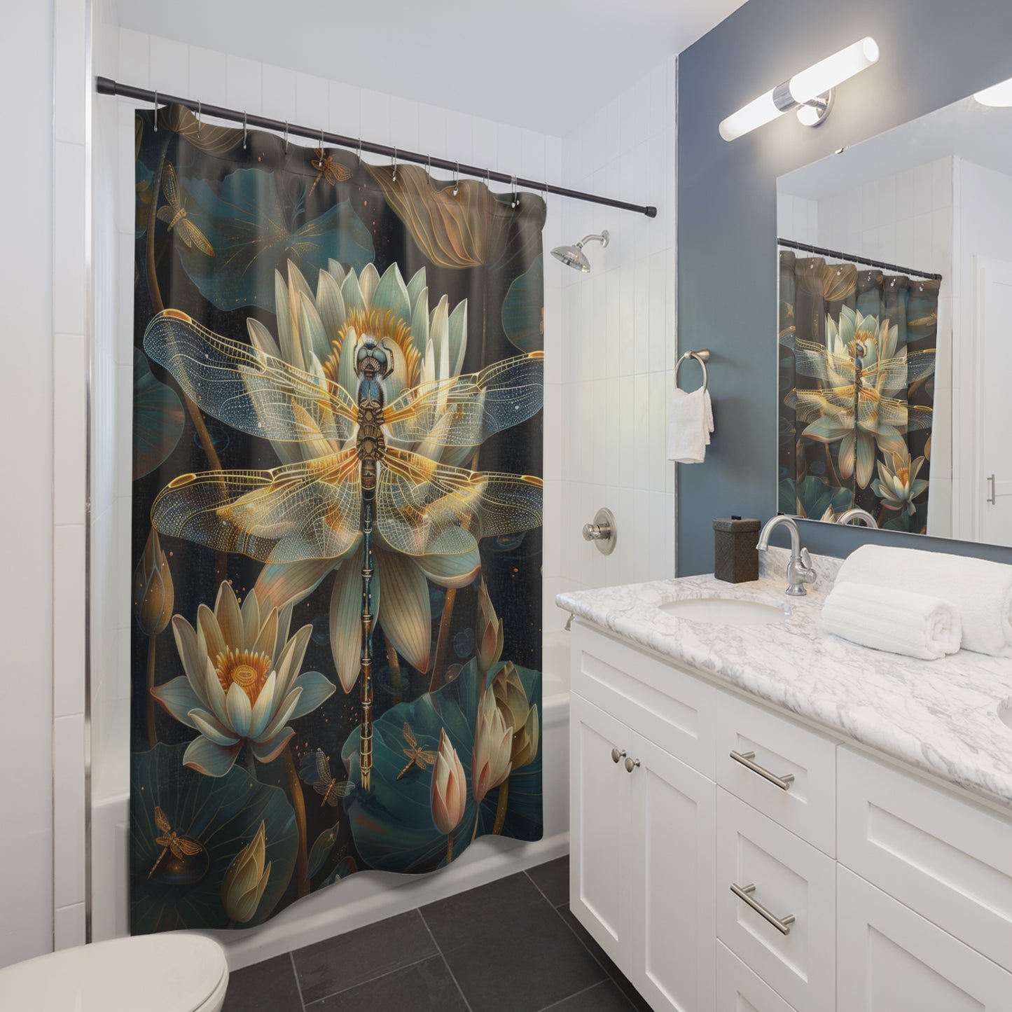 William Morris Inspired Dragonfly White Water Lily Shower Curtain | Art Deco Style Shower Curtain | Cottagecore Bathroom Decor