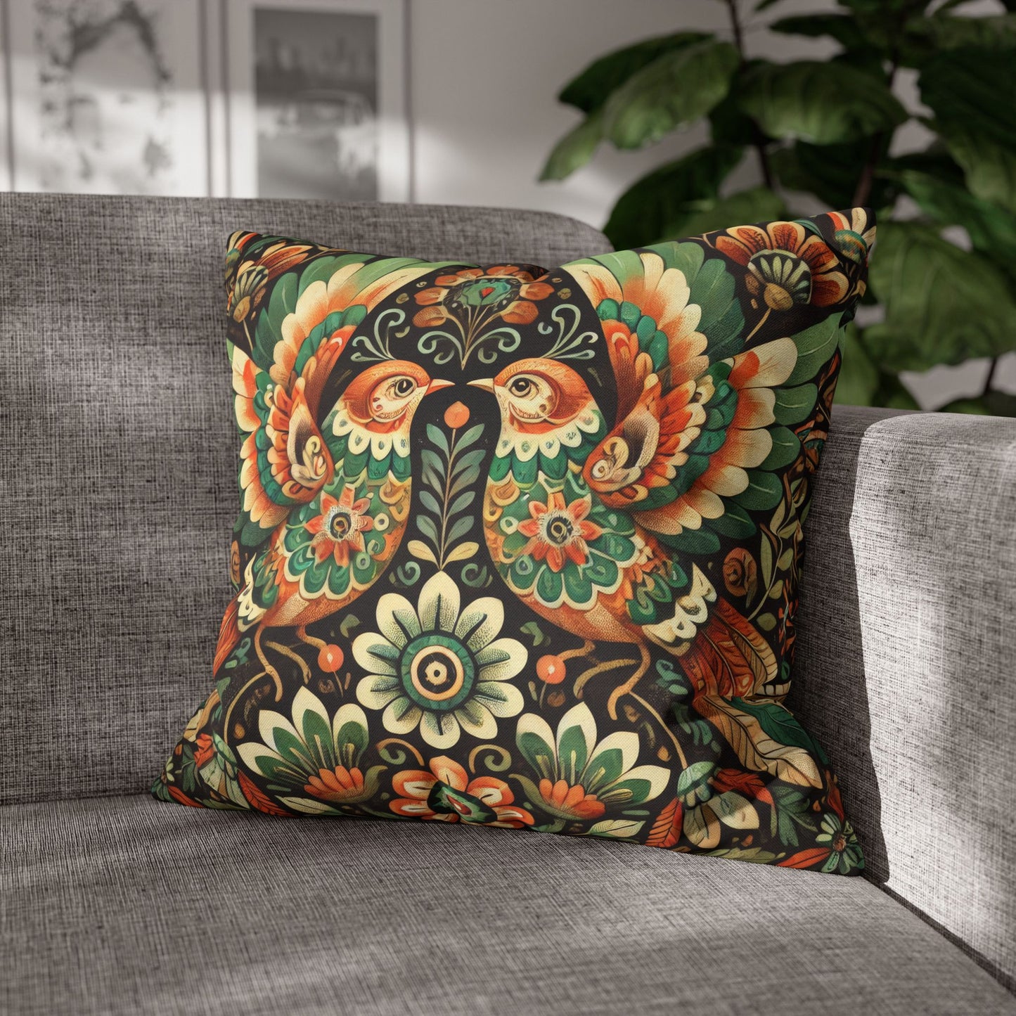 Folk Art of Two Birds and Flowers Pattern Pillowcase