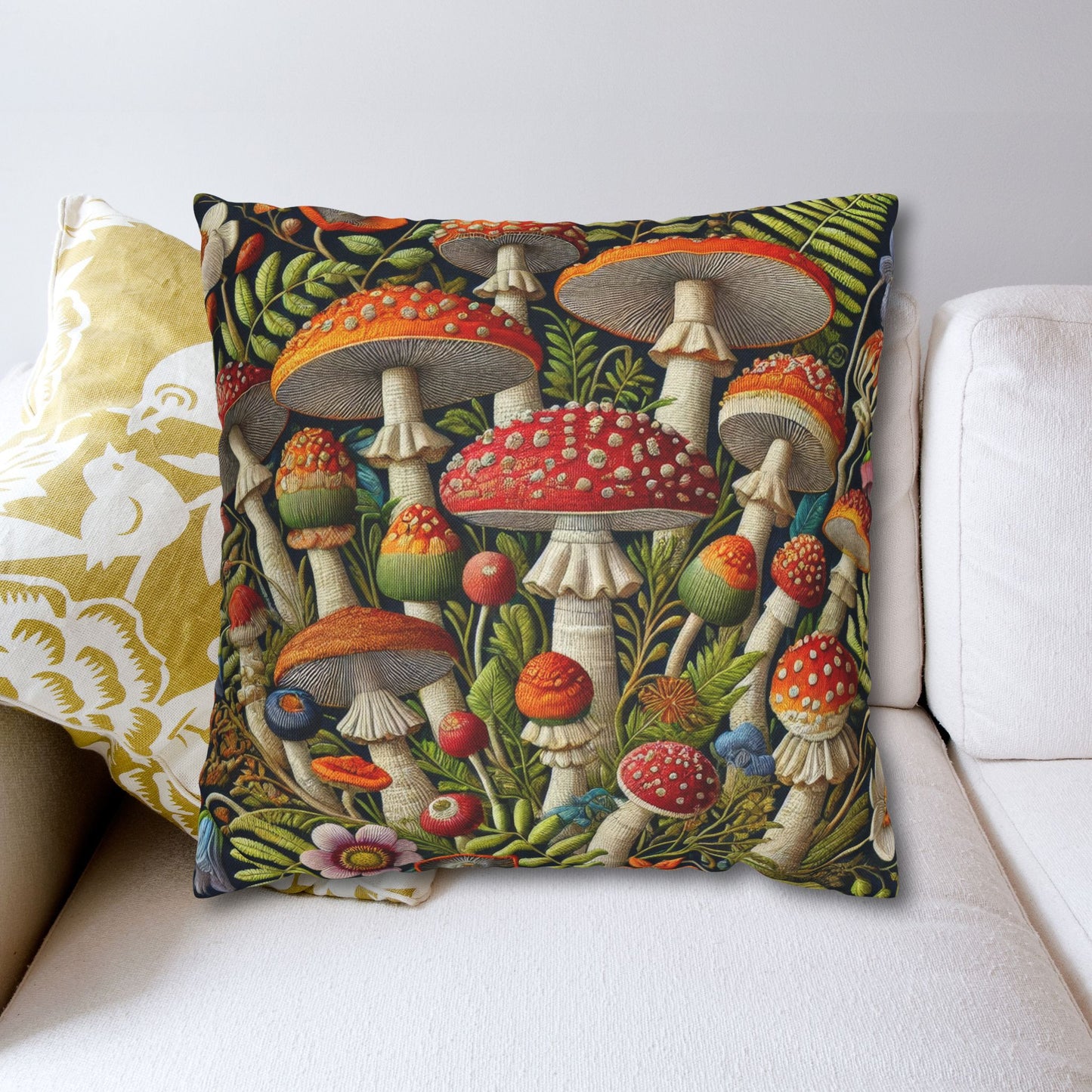 Mushroom Decorative Pillowcase: Faux Embroidered Botanical Design