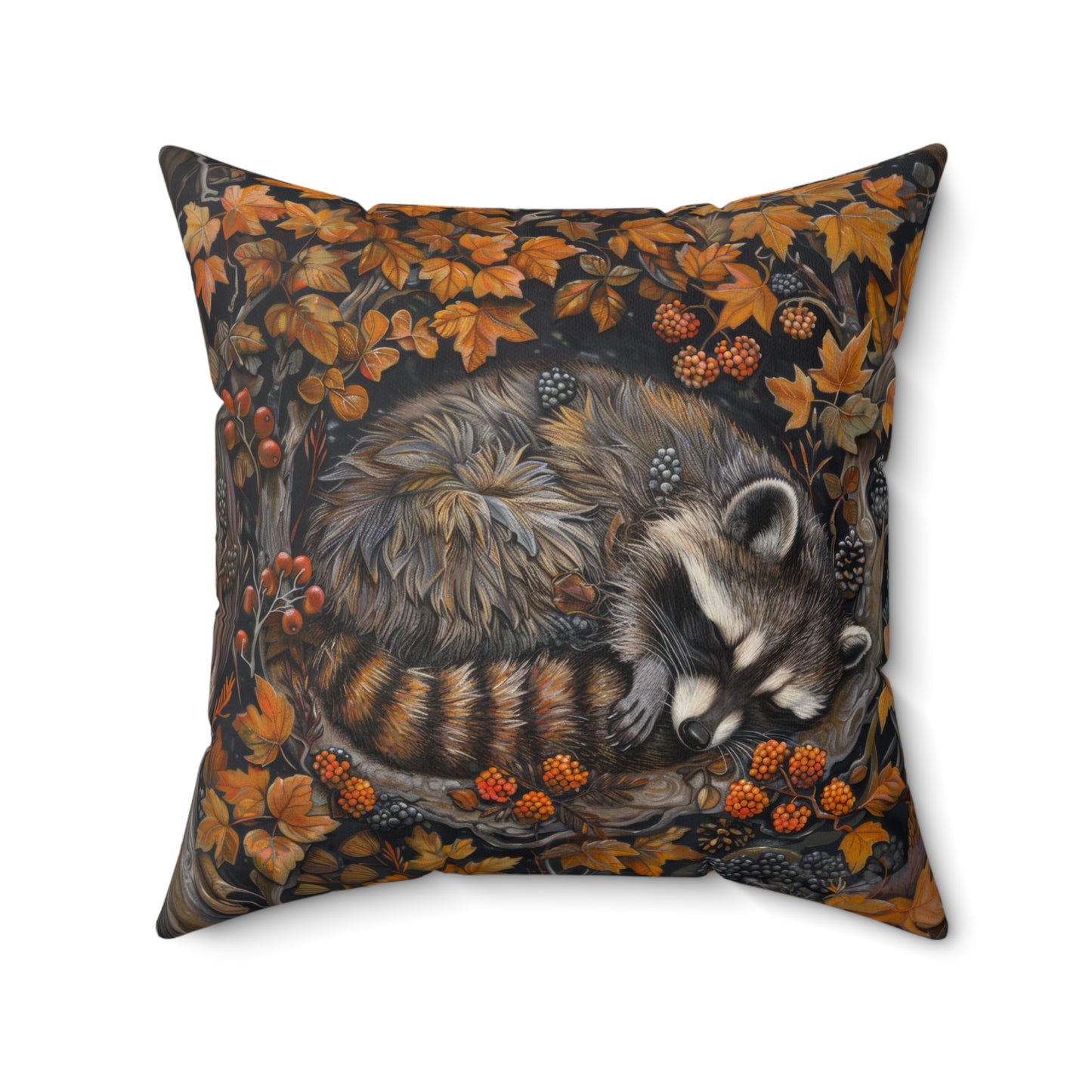 Woodland Sleeping Raccoon Pillow, Decorative Fall Cushion, William Morris Inspired Home Decor Ancient Fall Forest Theme