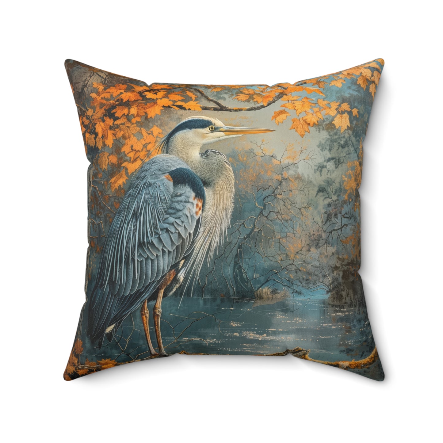 Autumn Heron Throw Pillow: Rustic Lake Scene Wildlife Decor