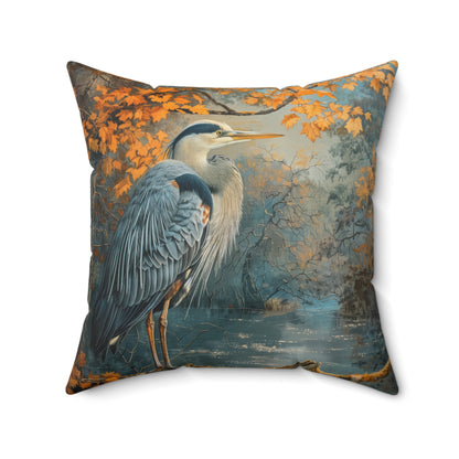 Autumn Heron Throw Pillow: Rustic Lake Scene Wildlife Decor