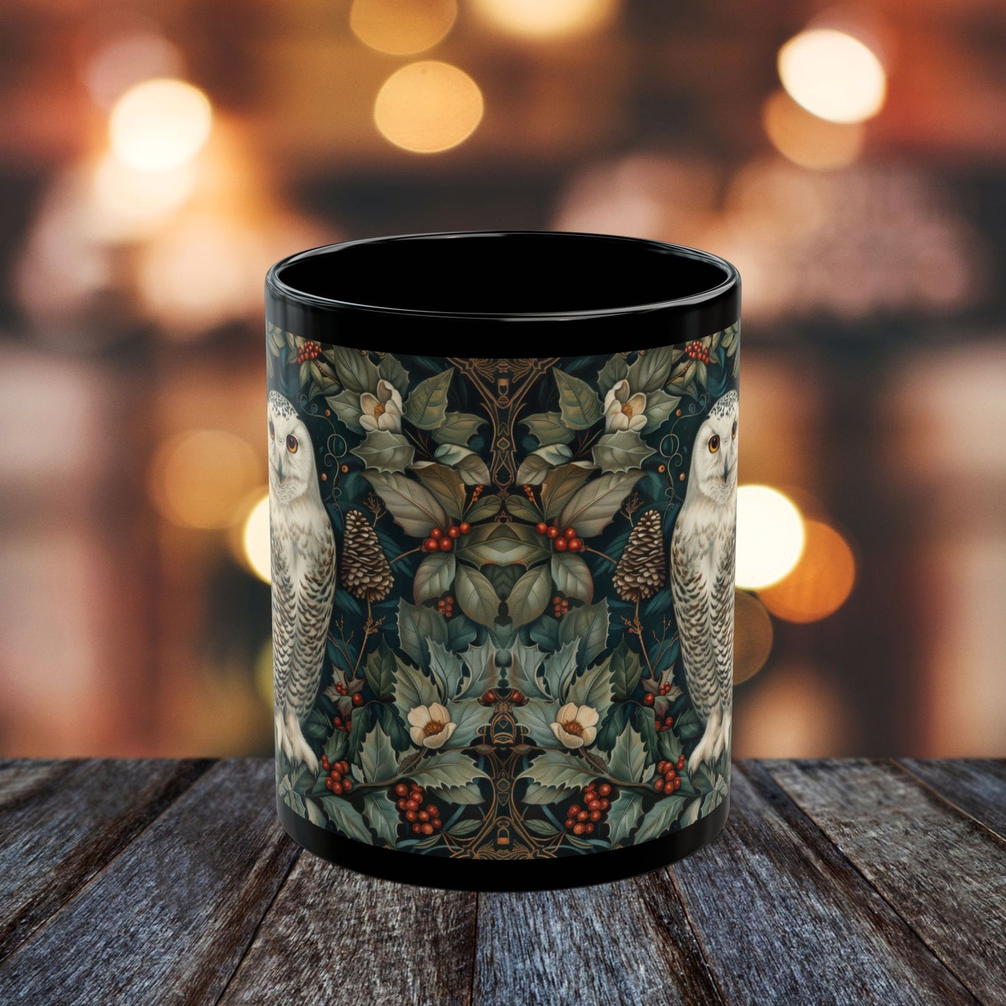 Snowy Owl Winter Mug: Black Ceramic Holiday Coffee Cup (11oz,15oz)