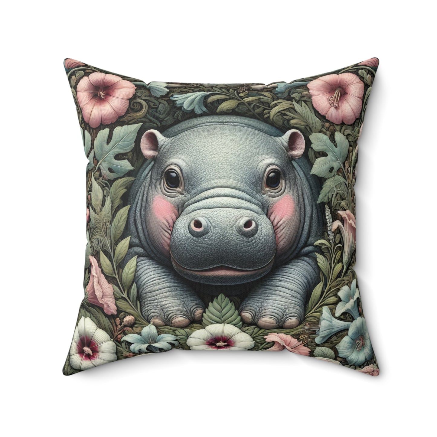 Baby Pygmy Hippo William Morris Inspired Decorative Pillow, Pygmy Hippo Home Decor Accent Pillow, Funny Gift for Wildlife Enthusiasts