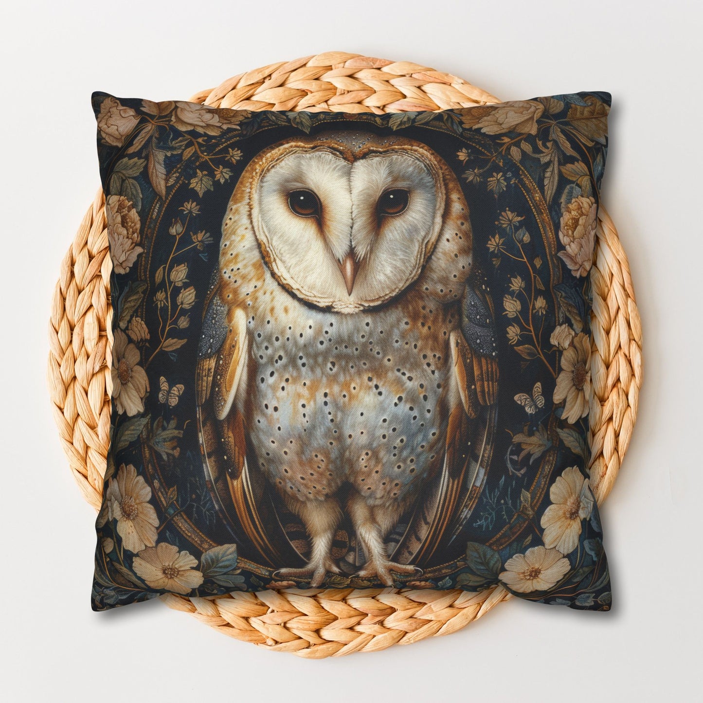 William Morris Inspired, Forest Floral Art, Decorative Barn Owl Cushion,  Spun Polyester Square Pillowcase