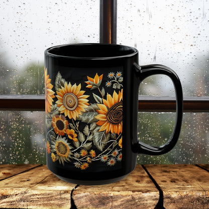 Sunflowers Pattern Embroidery Mug Black Mug (11oz, 15 oz)