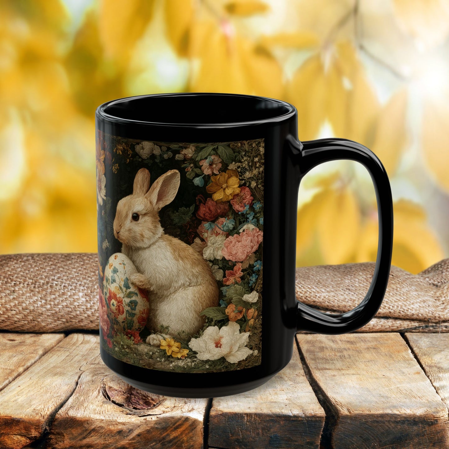 Easter Bunny Floral Black Mug, Vintage Rabbit & Painted Egg Coffee Cup (11oz/15oz)