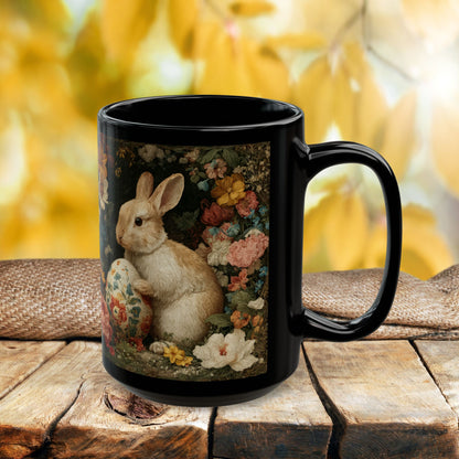 Easter Bunny Floral Black Mug, Vintage Rabbit & Painted Egg Coffee Cup (11oz/15oz)