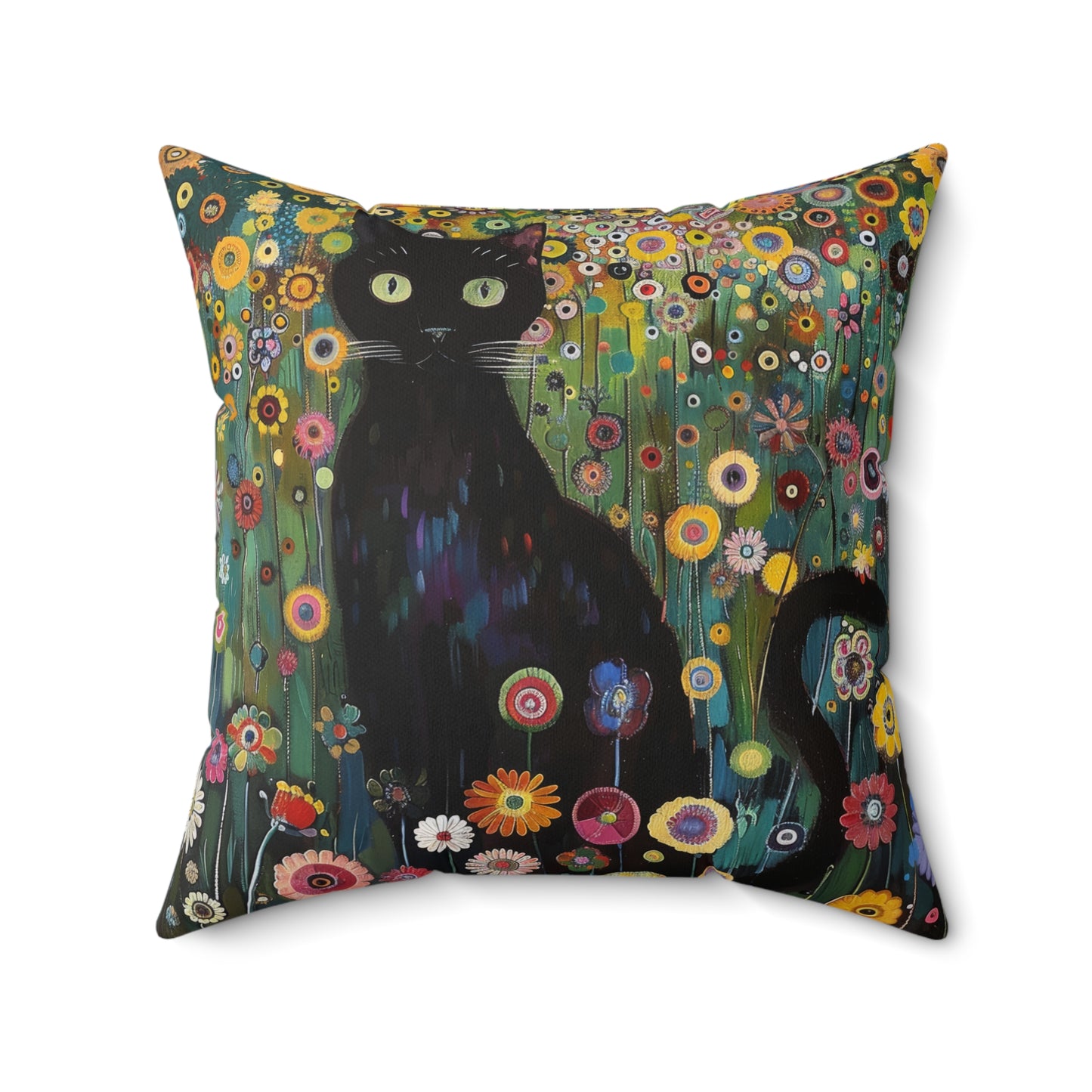 Whimsical Cat Floral Mewdow Square Pillow, Gustav Klimt Home Decor, Black Cat Cushion