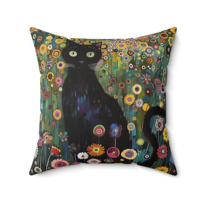 Whimsical Cat Floral Mewdow Square Pillow, Gustav Klimt Home Decor, Black Cat Cushion