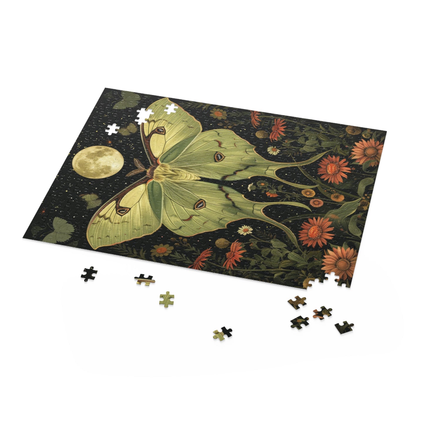 William Morris Inspired Magical Green Luna Moth Night Moon Puzzle Box (120, 252, 500-Piece) Family Jigsaw Puzzle, Puzzle Box Gift