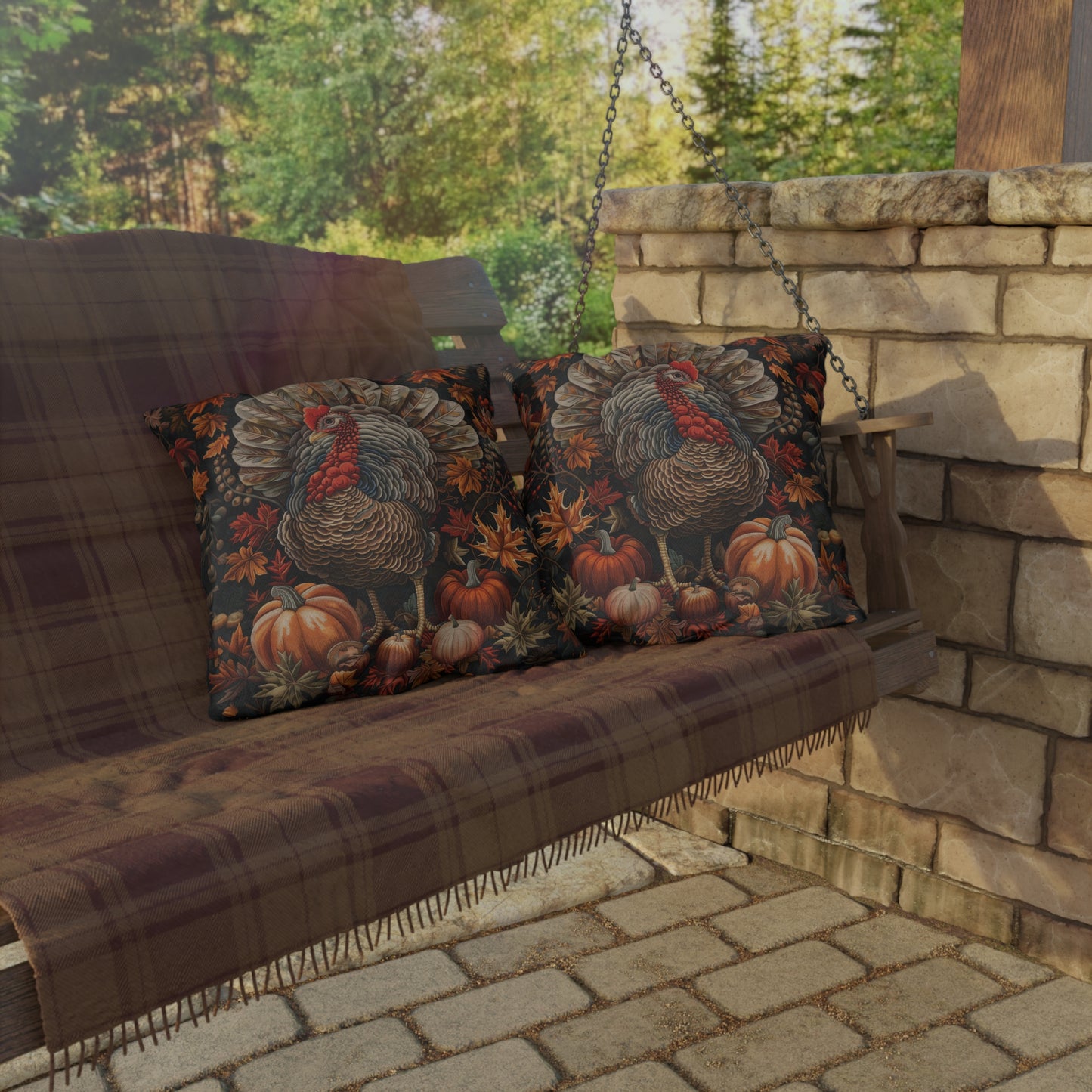 Thanksgiving Turkey Outdoor Pillow, Fall Harvest Throw Pillow, Autumn Pumpkin Cushion, Rustic Seasonal Decor, Farmhouse Accent Pillow