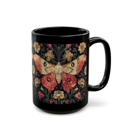 William Morris Inspired Botanical Rosy Maple Moth Black Mug 11oz, 15 oz