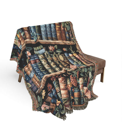 Vintage Bookshelf Woven Blanket, Dark Academia Cotton Throw With Fringe Edges