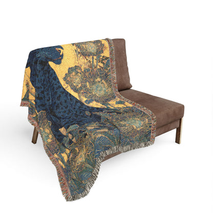 Midnight Bloom Panther Woven Blanket, Art Nouveau Floral Jungle Throw