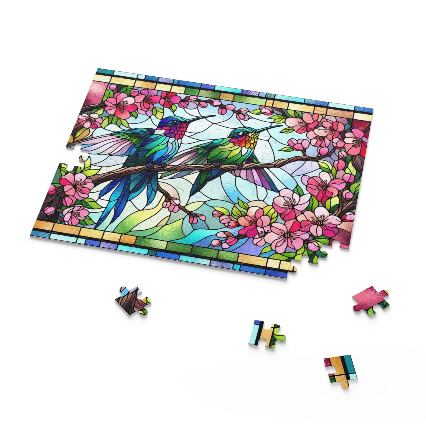 Stained Glass Hummingbirds Spring Cherry Blossom Puzzle Box (120, 252, 500-Piece) Adult Jigsaw Puzzle, Gift Him Her