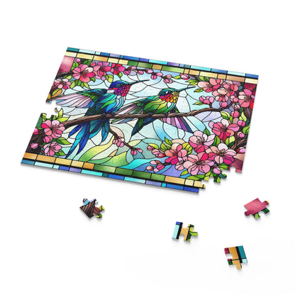 Stained Glass Hummingbirds Spring Cherry Blossom Puzzle Box (120, 252, 500-Piece) Adult Jigsaw Puzzle, Gift Him Her