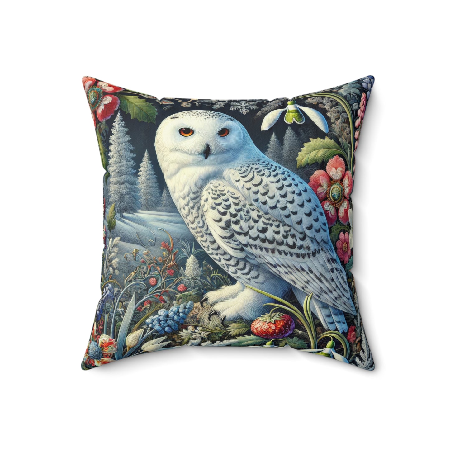 William Morris Inspired Woodland Snowy Owl Winter flowers Decorative Pillow