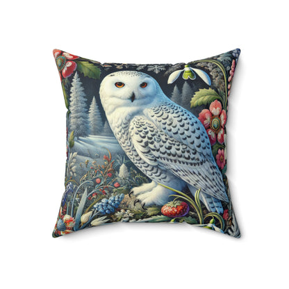 William Morris Inspired Woodland Snowy Owl Winter flowers Decorative Pillow