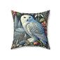 William Morris Inspired Woodland Snowy Owl Winter flowers Decorative Pillow
