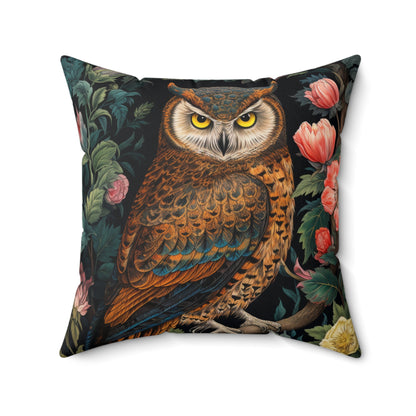 William Morris Inspired Night Owl Pillow, Decorative Owl Cushion, Spun Polyester Square Pillow