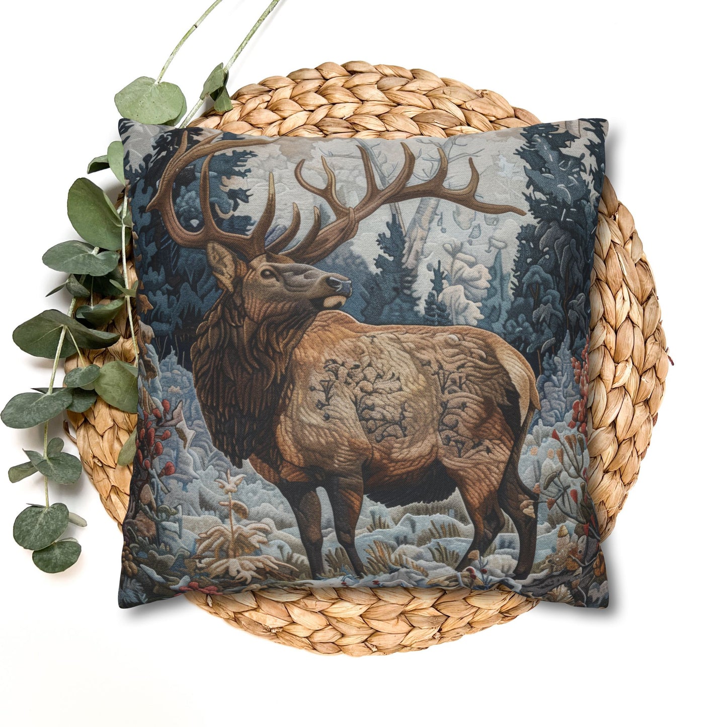 Art Nouveau Elk Frosted Pines Winter Blooms Pillowcase William Morris Inspired