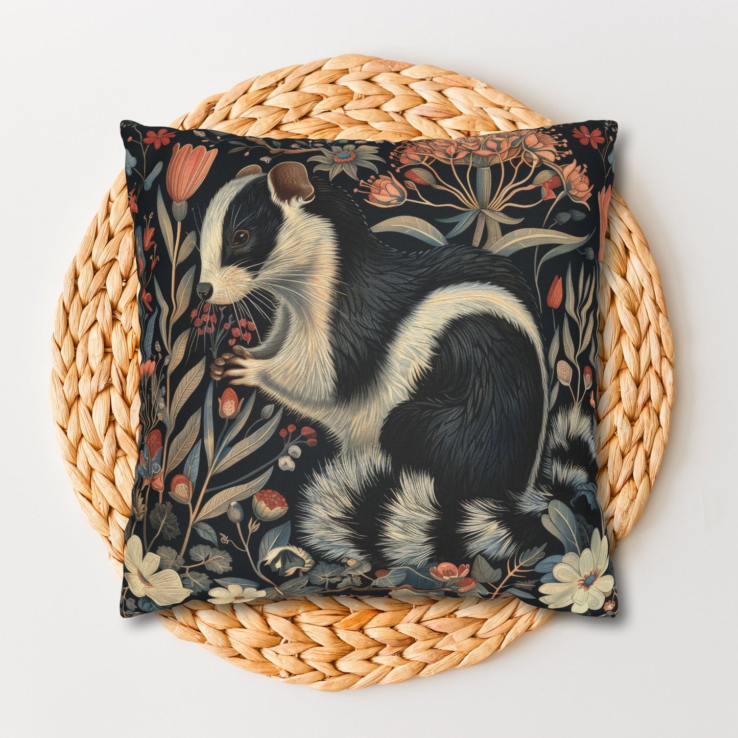 Floral Skunk Art Nouveau Pillowcase: William Morris Inspired Cushion