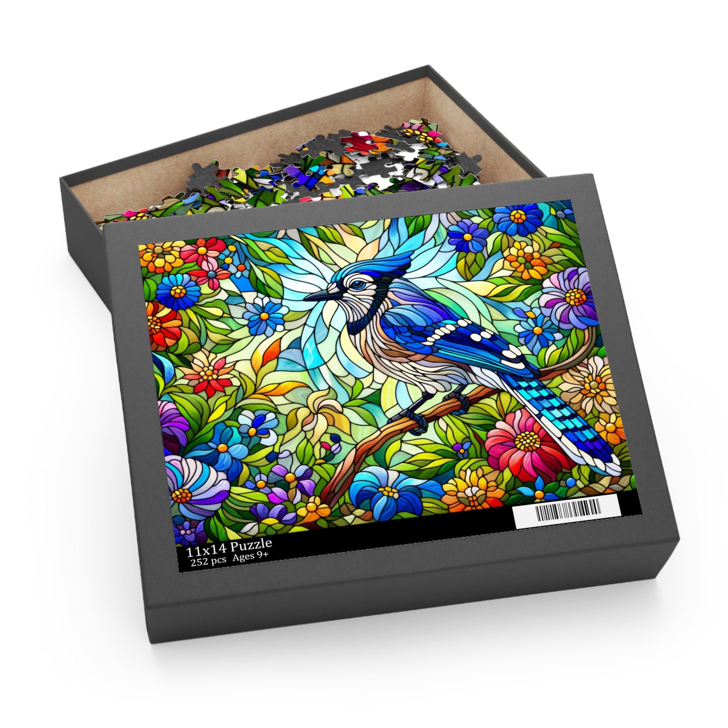 Stained glass Blue Jay Bird Spring Flower Jigsaw Puzzle Box (120, 252, 500-Piece) Adult Jigsaw Puzzle, Gift Him Her