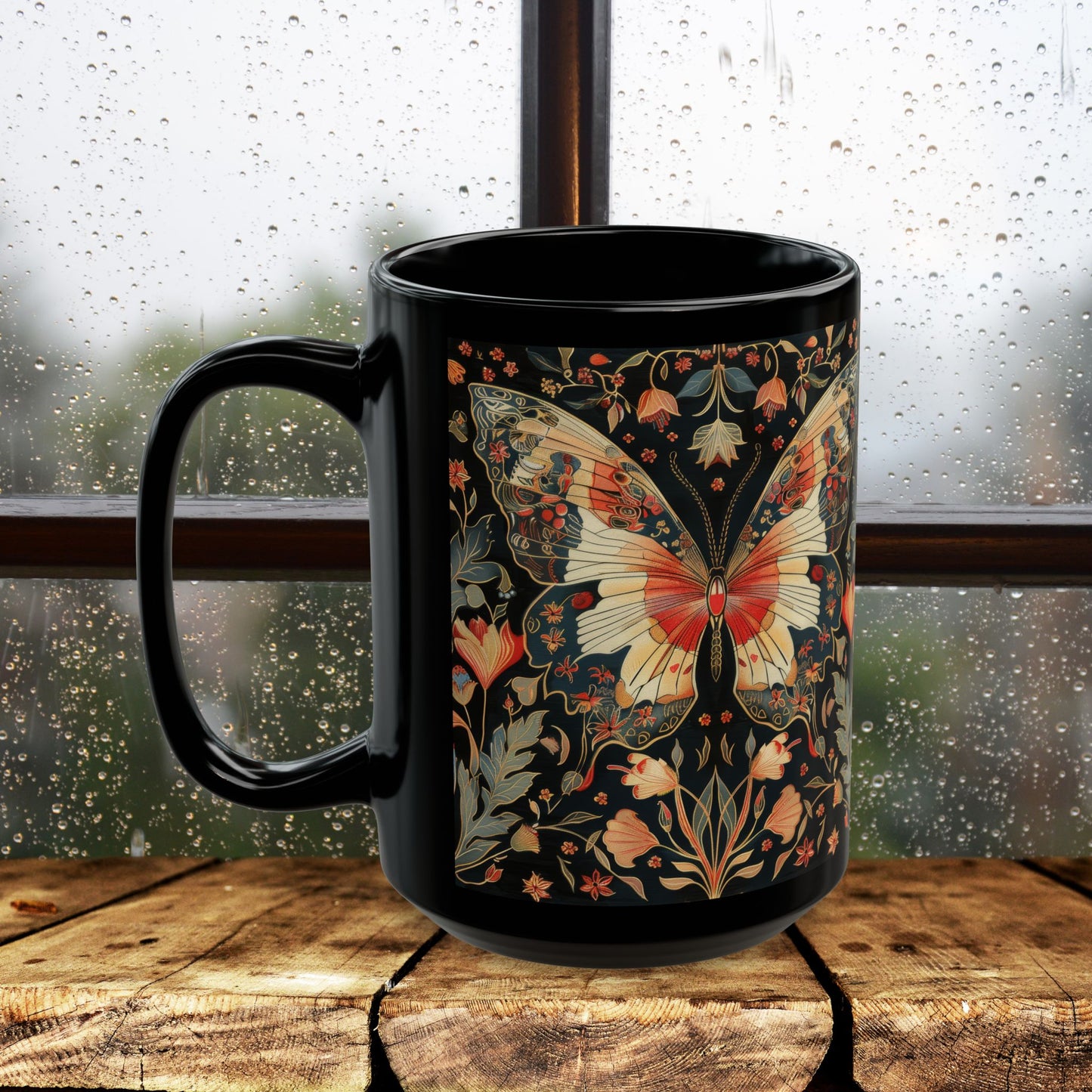 Enchanting Butterfly in the Style of William Morris, Woodland Blossoms Floral Botanical Design Black Mug 11oz, 15 oz