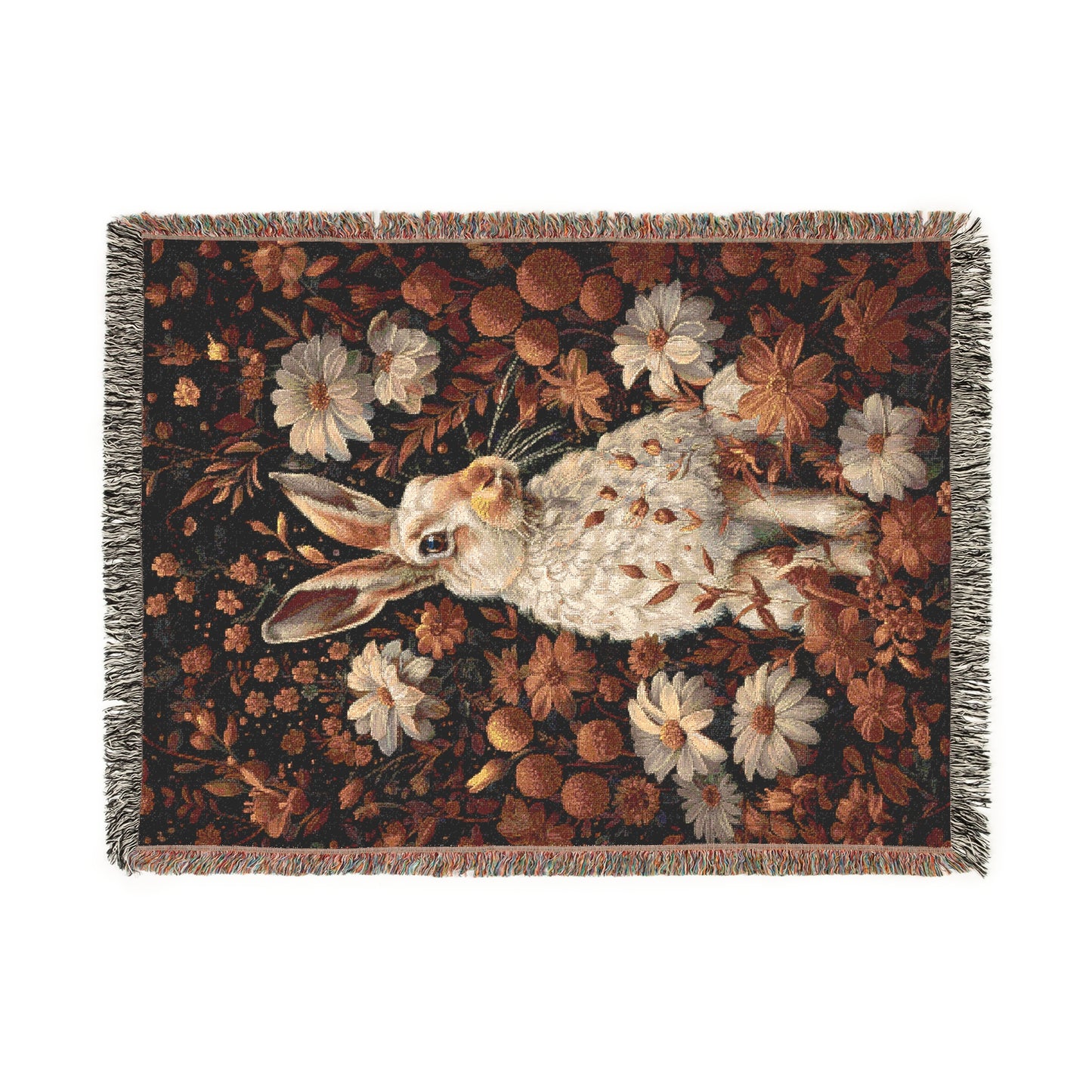 William Morris Inspired White Hare With Gold Winter Flowers Woven Blankets, Cozy Home Decor Jacquard Cotton Woven Blanket