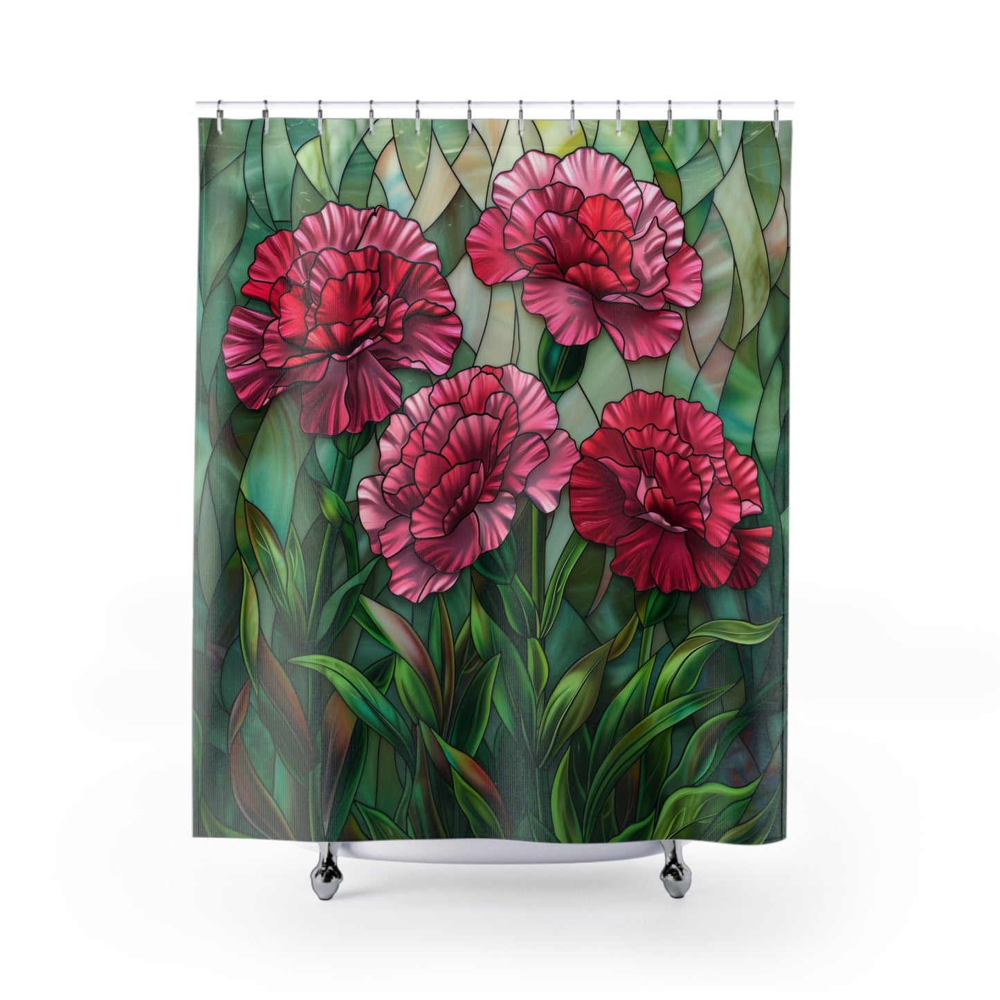 Faux Stained Glass Carnation Flowers Polyester Shower Curtain