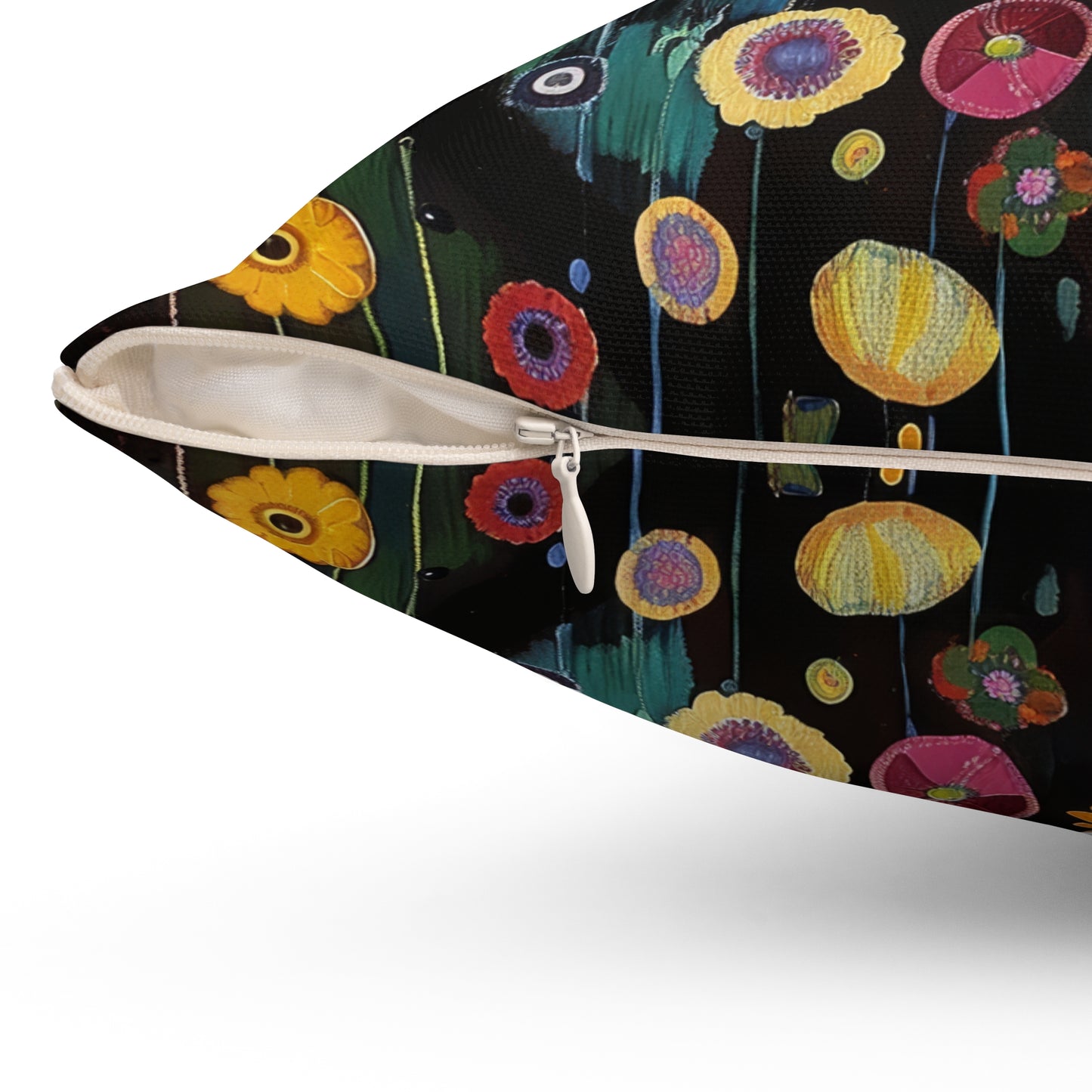 Whimsical Cat Floral Mewdow Square Pillow, Gustav Klimt Home Decor, Black Cat Cushion