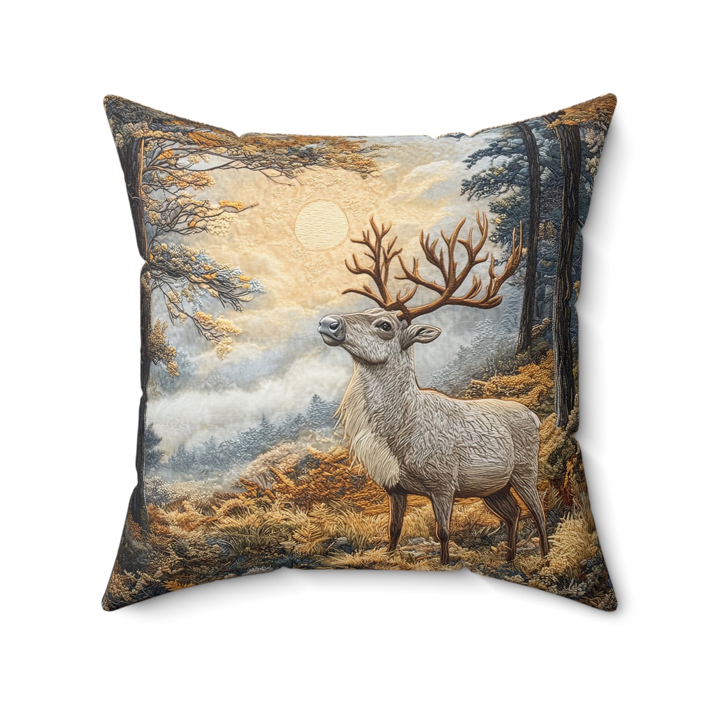 Mountain Reindeer Decorative Fall Square Pillow, Spun Polyester Home Decor, William Morris Inspired