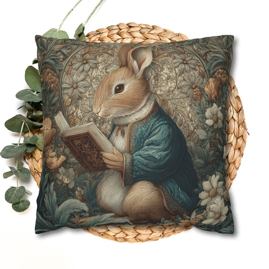 Reading Rabbit Pillowcase, William Morris Inspired Bunny Cushion, Cottagecore Animal Throw Pillow for Cozy Book Nooks