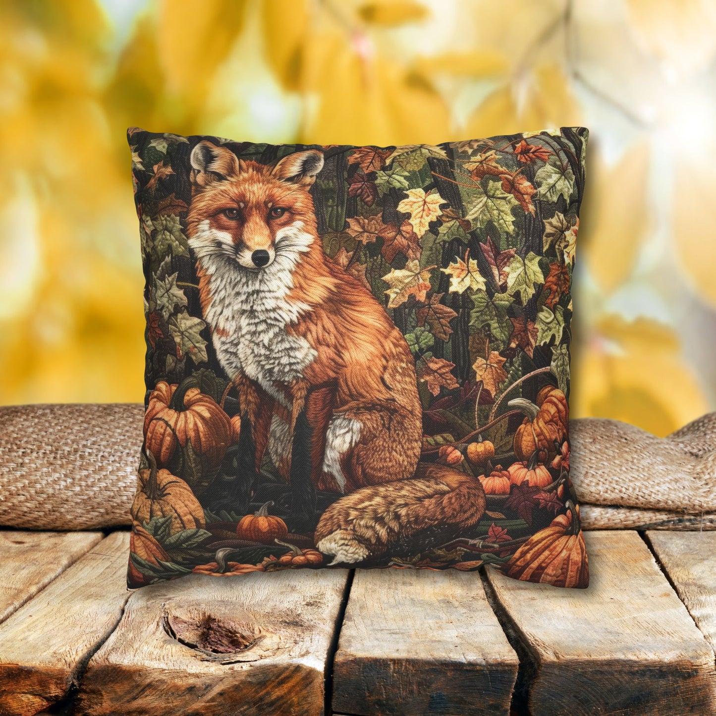 Fox in a Pumpkin Patch William Morris Inspired, Decorative Fall Pillow Decor, Spun Polyester Square Pillowcase
