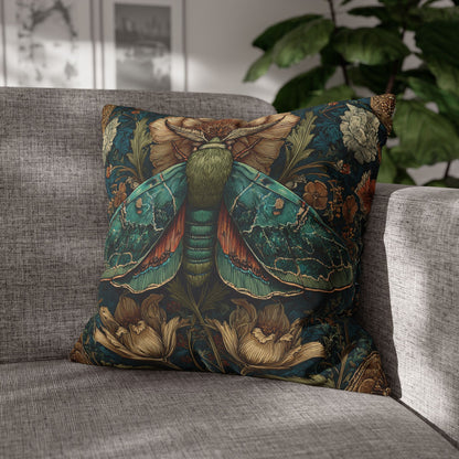 William Morris Inspired Moth Pillowcase, Teal Botanical Art Nouveau Cushion, Vintage Floral Nature Square Pillowcase