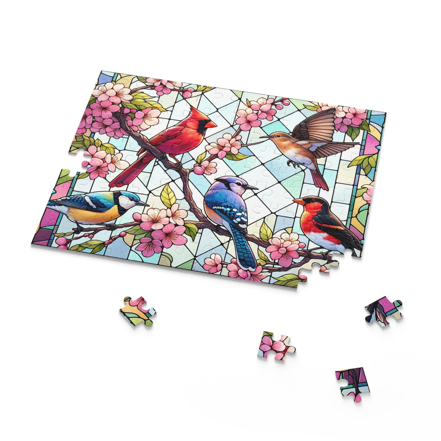 Stained Glass of 5 Spring Birds Jigsaw Puzzle (120, 252, 500-Piece) Adult Jigsaw Puzzle, Gift Him Her